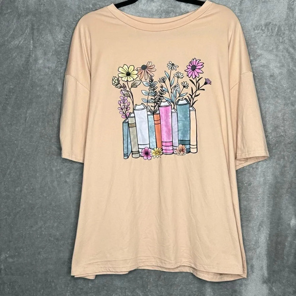 Shein XL Shirt Top Tan Brown Floral Short Sleeve Round Neck Stretch Knit Casual - Picture 1 of 7